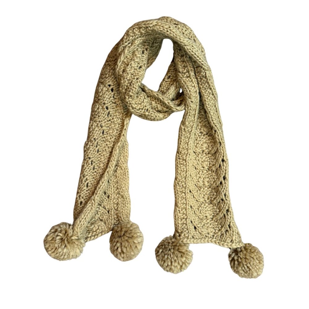 Tan Knitted Scarf with Pompoms – One Size